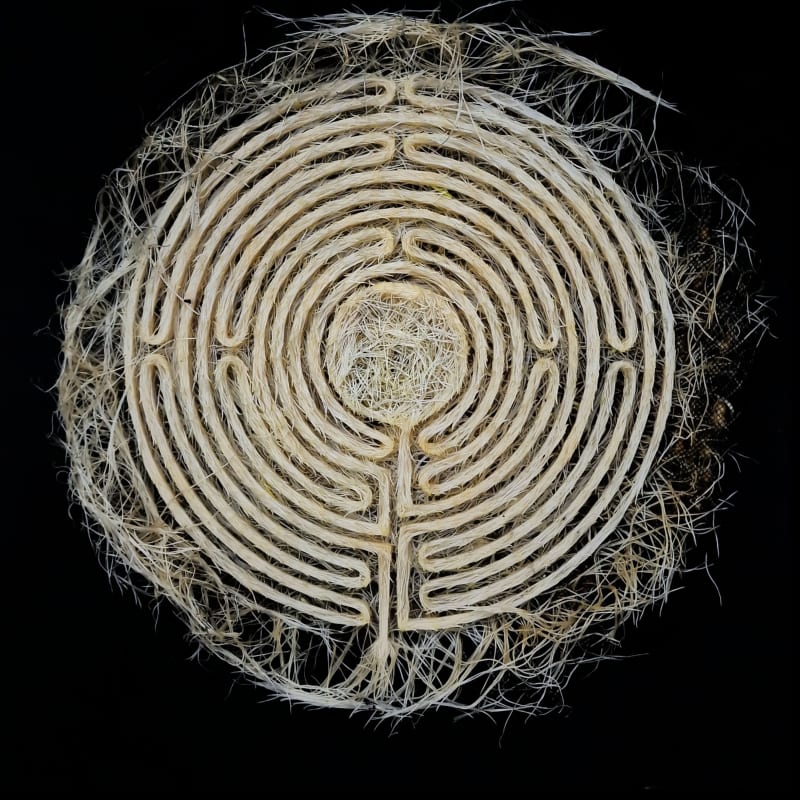 A plant-based spiral pattern made of straw or hay-like fibre, shot from above.