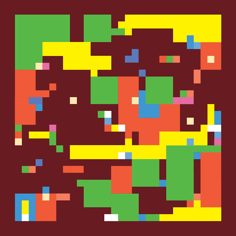 Abstract geometric design composed of brightly colored rectangular blocks in yellow, green, orange, blue, pink, and cream scattered across a dark burgundy background. The layout resembles a modular process flow or digital schematic, with overlapping shapes of varying sizes creating a playful, modern, pixel-like composition.