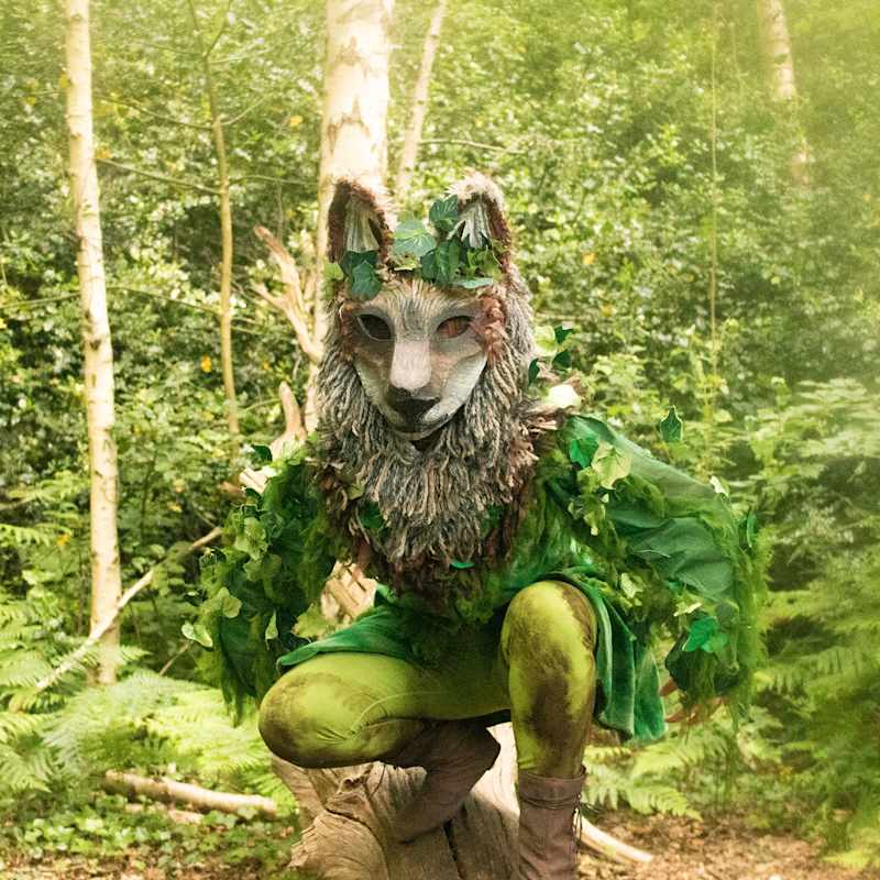 Person in a wood dressed up as a wolf.