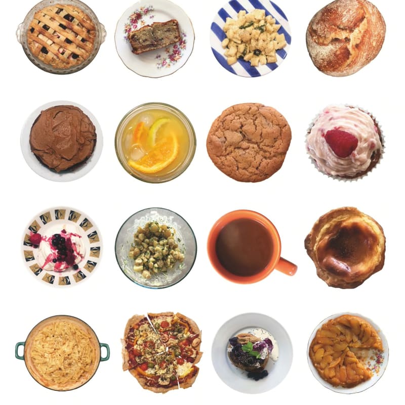 16 different meals and drinks viewed from above
