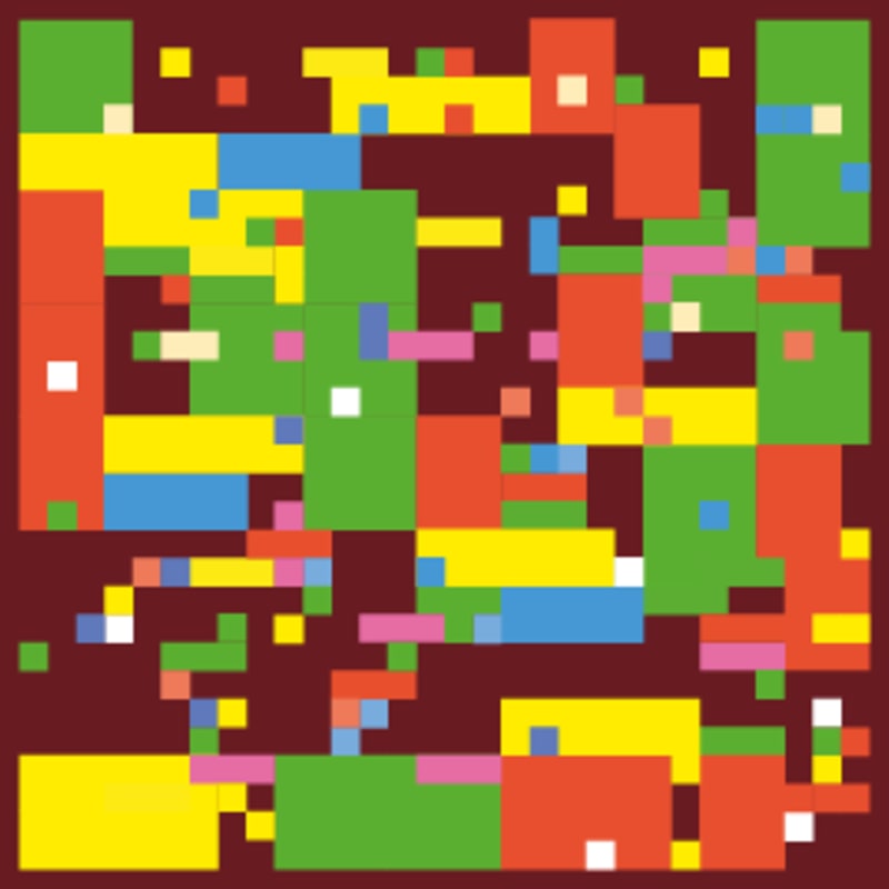 An abstract geometric composition with many rectangular and square blocks of colour on a burgundy background.