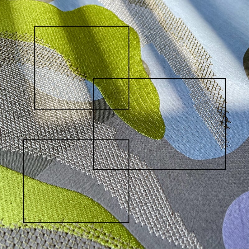 Grey, blue, white, silver and lime textile sample by Stacey Griffiths - BA Textile Design at Chelsea College of Arts.