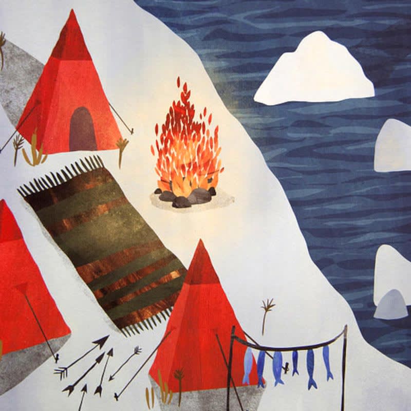 A camping site set up by a snowy sea. A bonfire burns by tall red tents.