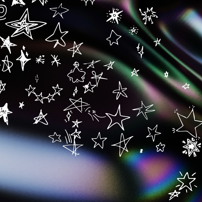 UAL Welcome 2025 graphic featuring a green, blue, purple, white and black holographic gradient background and hand drawn white stars.