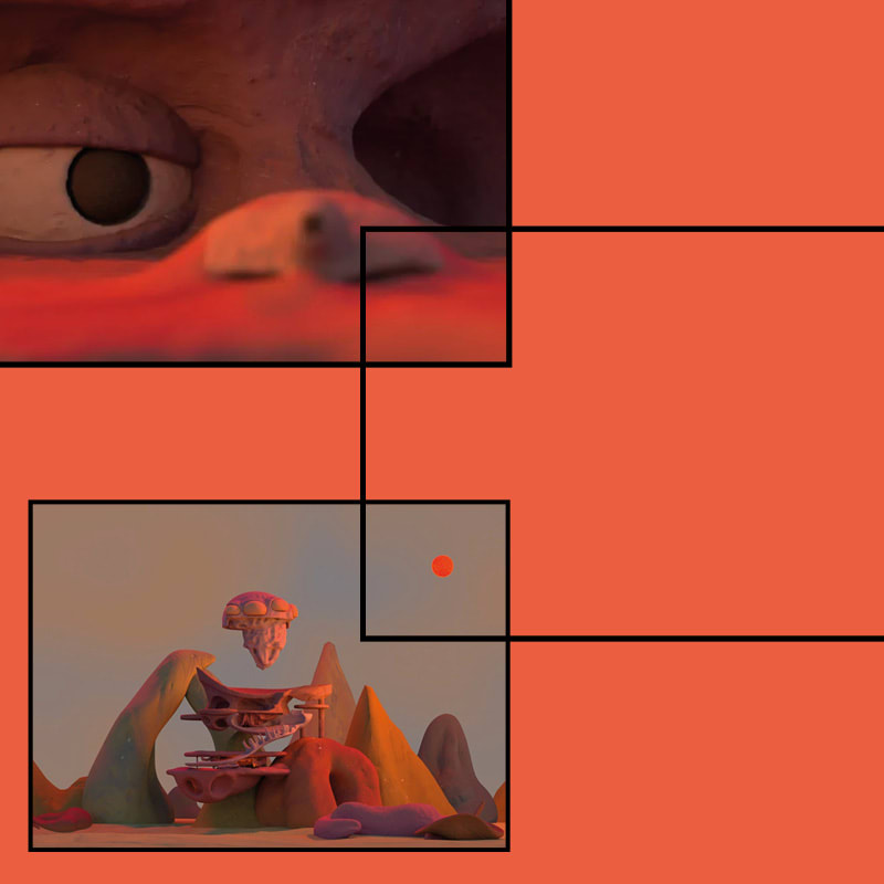 Three rectangle shapes with a black border are arranged on a red background. The first shape is filled with a close up image of a toy's eye. The third shape is filled with an image of otherworldly buildings and terrain. 