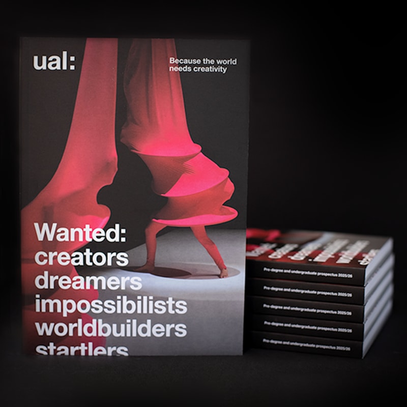 UAL prospectus front cover featuring a figure wearing a red costume covering their head and the words Wanted: creators, dreamers, impossibilists, worldbuilders, startlers.