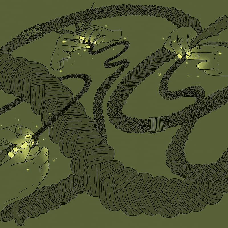 Black line drawing on olive green background of hands with glowing yellow fingernails braiding long plaits of hair