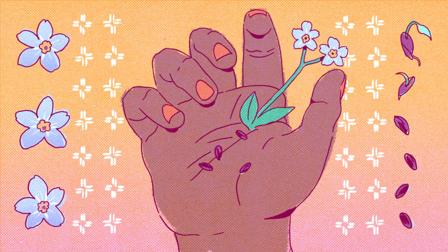 An illustrated hand with a plant growing from it, on top of  a yellow-orange gradient background