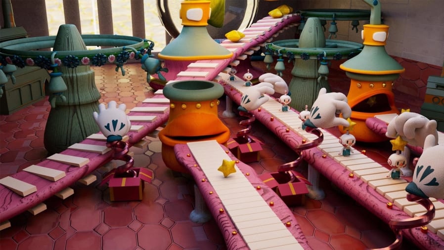 Animated white gloved hands on springs making tiny robots on pink production lines.