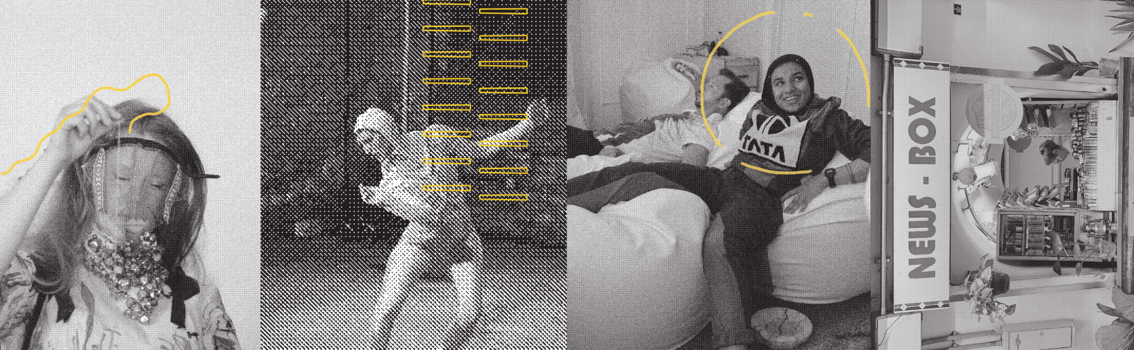 black and white illustrative collage with images D of students and objects