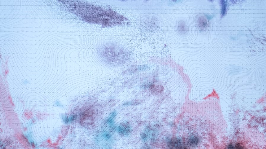 Red, blue and white swirl together, with mapping lines showing underneath