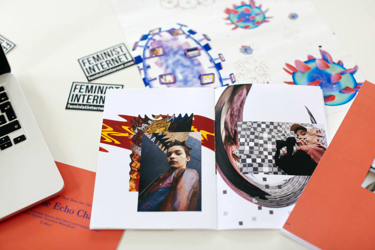 Open sketchbook on a table next to a laptop, MA Fashion Media Practice and Criticism (now MA Fashion Communication: Fashion Critical Studies), Collage by Clara Finnigan, Copyright holder: Alys Tomlinson 