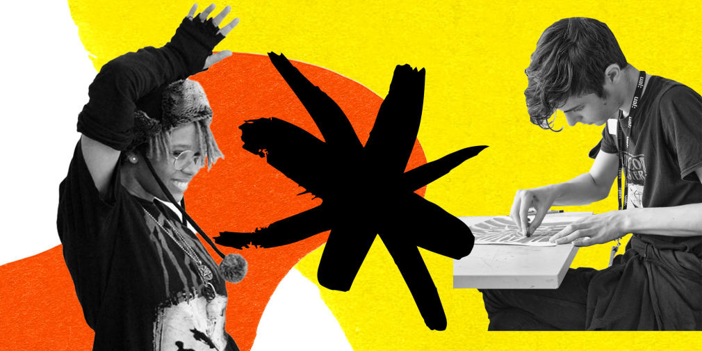 Black and white cut outs of students. On left student is smiling and waving with hand in the air. On the right student is mark making on a piece of paper