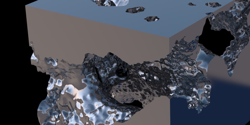 A silver, metallic, 3D-rendered cube which features some erosion through and around the object. The erosion is similar to the texture of coral. 