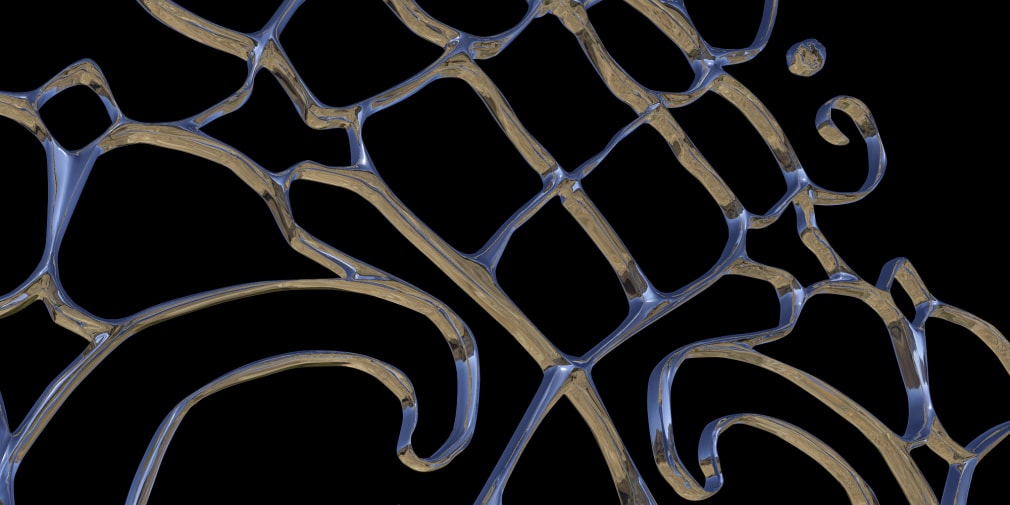 A silver, metallic 3D-rendered sculpture, which is an abstract take on the scales of justice. It features four pink hearts at the top.