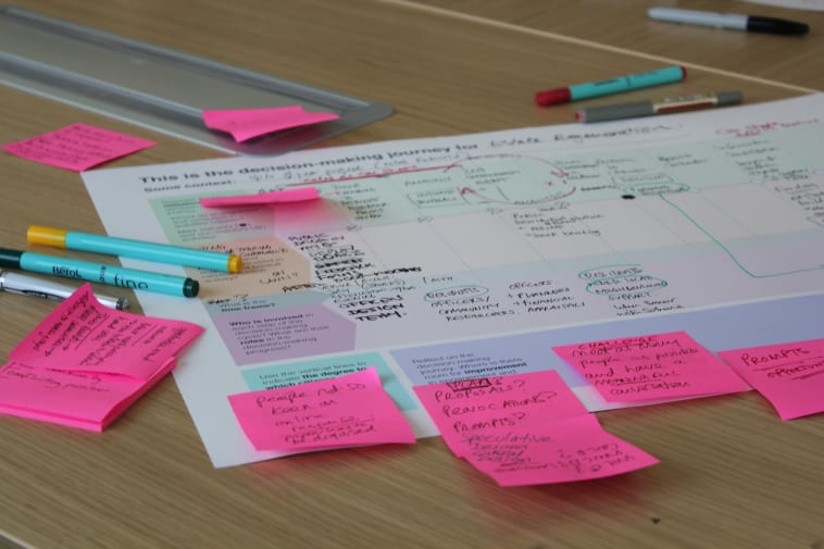 Pink post it notes on a sheet of paper
