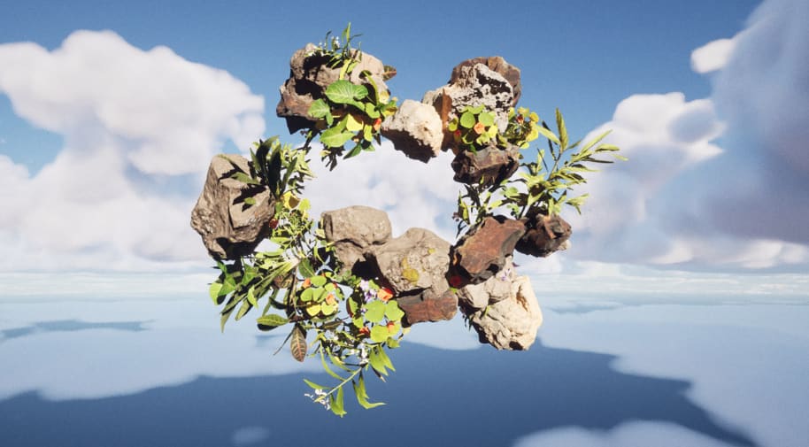 Digital image of sculpture of leaves and rocks floating against a sky background