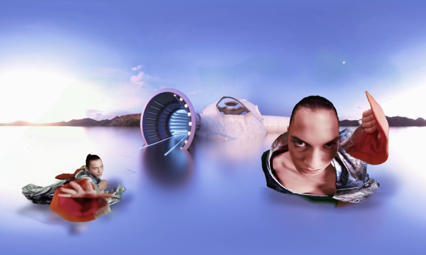 Abstract image of blue landscape with figures in varied poses. 