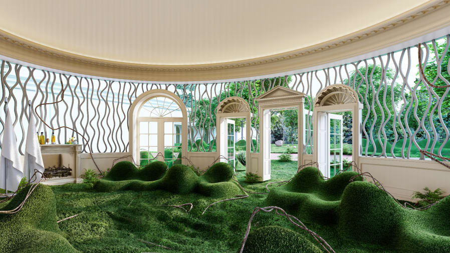 Inside a round building with lots of windows and doors and a bumpy grass-like floor.