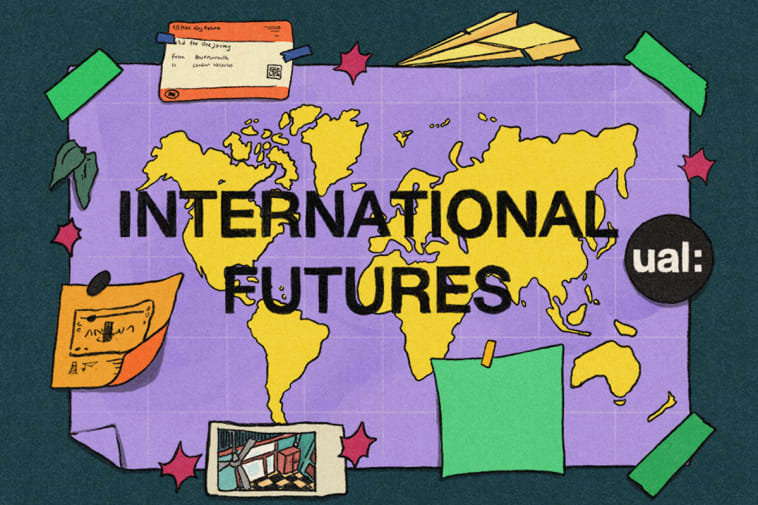 A map of the world in yellow on a purple background has the words 