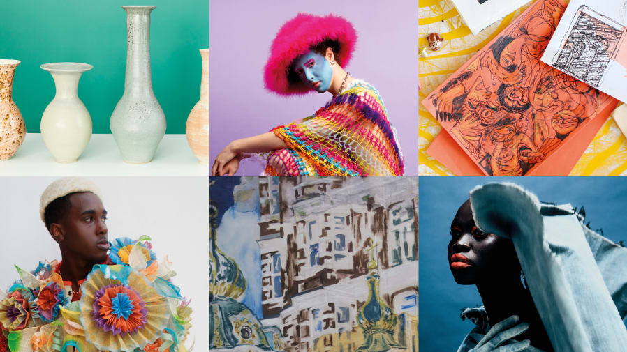 Six images of student work arranged in equal squares: ceramic vases on a teal background, a model wearing a loose knit rainbow garment and a pink hat against a purple background, a desk full of illustrated drawings, a model wearing a garment comprising layered colourful floral shapes, an abstract painting in blue, yellow and white of a tall building, and a model wearing blue clothes and pink lipstick against a blue background, her face partially covered by a structured piece of the garment at her neckline