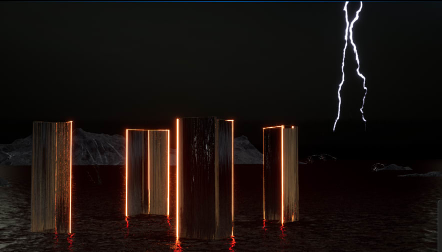 AI buildings in the dark with lightning in background.