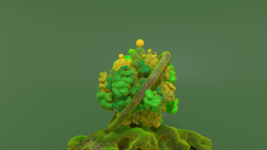 CAD image of green furry object with many textures on green background