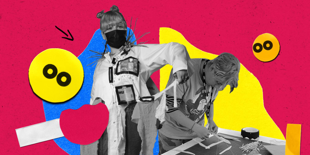 A collage of two students creating and showing their work at UAL
