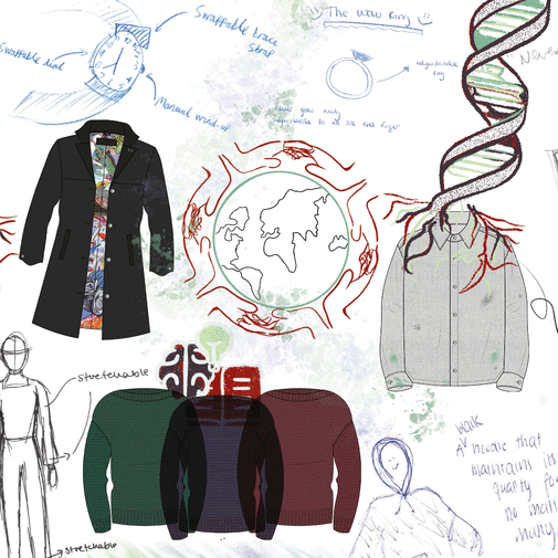 Research project work with sketches of the globe, jackets and a shirt