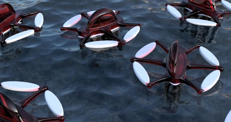 Several floating devices removing microplastics from the sea