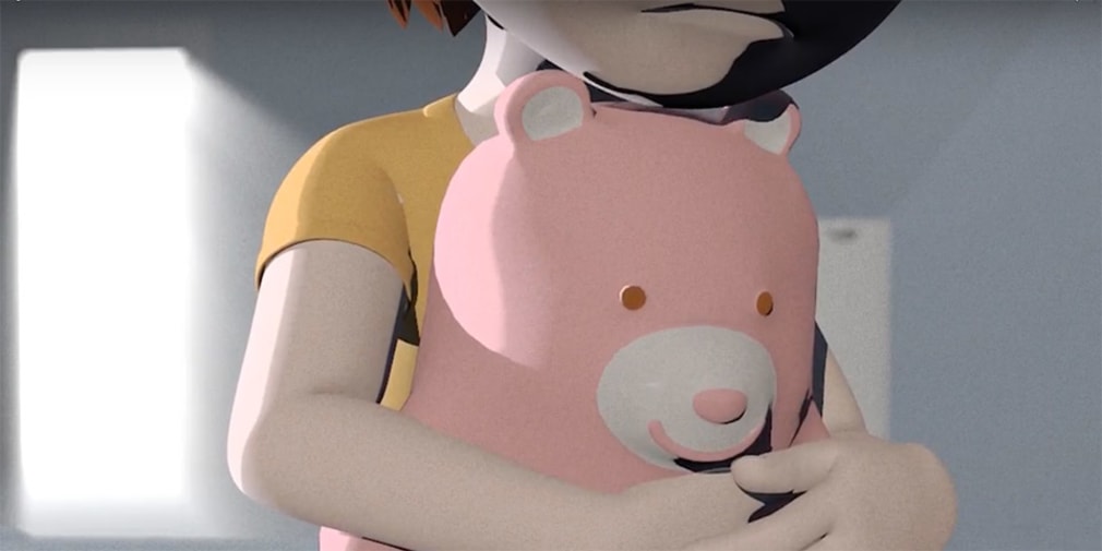 A child's figure cradles a pink teddy bear.