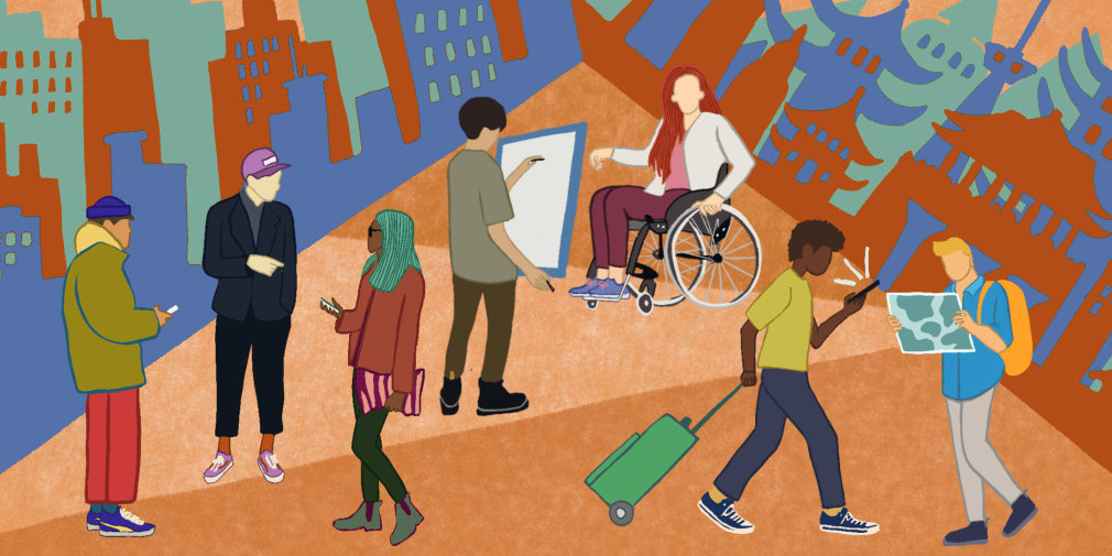 Colourful illustration of students interacting at university