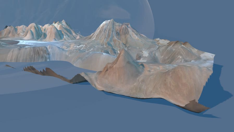 Computer generated mountain and glacial landscape in grey, brown and blue tones.