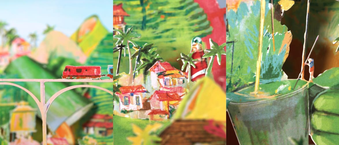 Illustration triptych showing a train going over a bridge,  houses and palm trees.