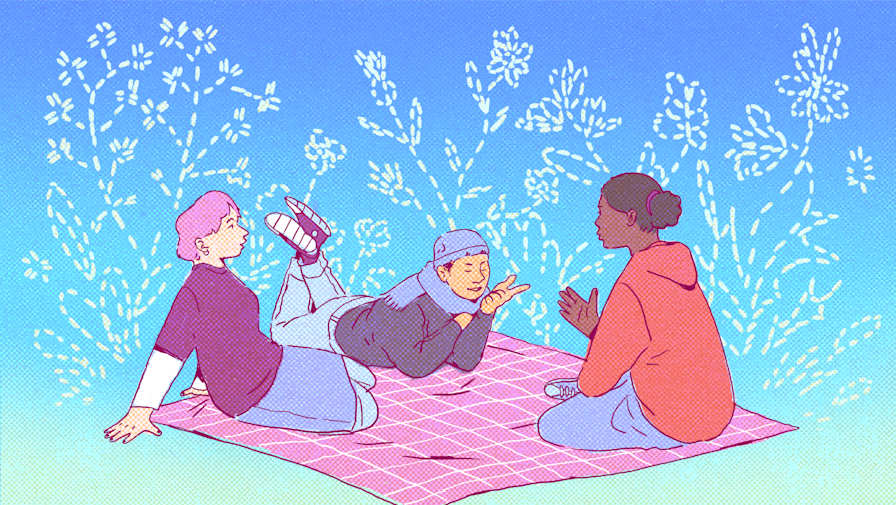 Bright illustration of three people having a conversation on a picnic blanket, set over a blue gradient background with an embroidery of plants.