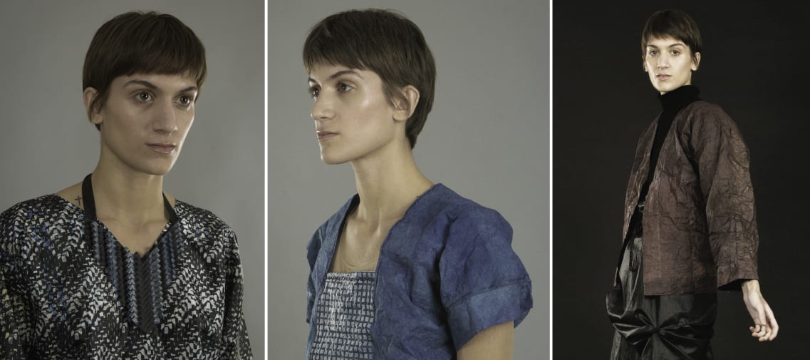 Three images of model wearing various materials