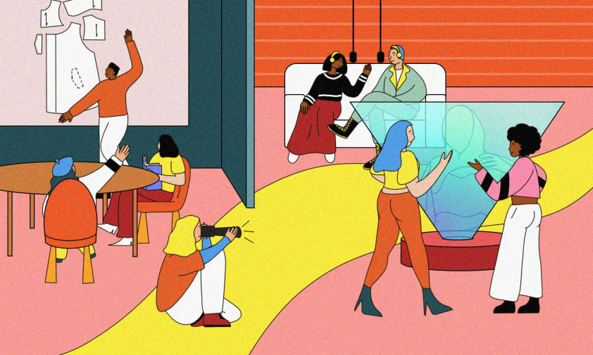 Colourful illustration of students interacting at university