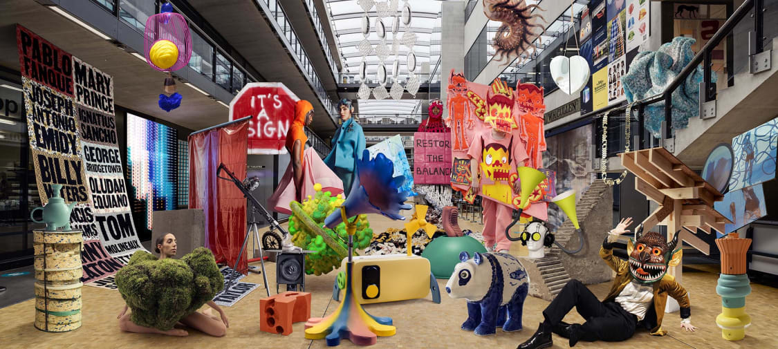 Composite image bringing colourful pieces of work into the Central Saint Martins' building