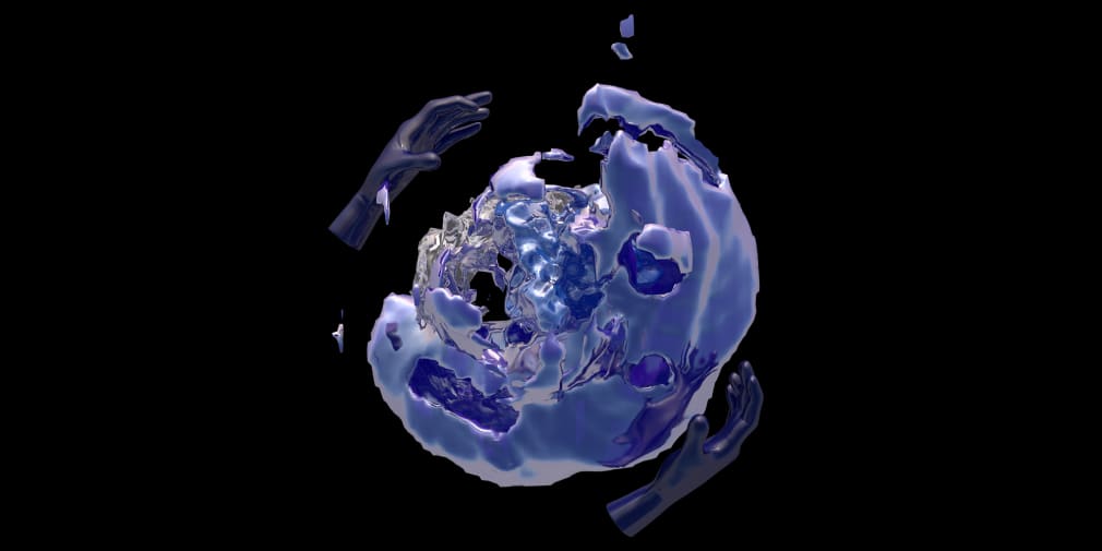 A purple, swirling 3D-rendered sculpture. Two purple, metallic hands at either side appear to make the object float in space.