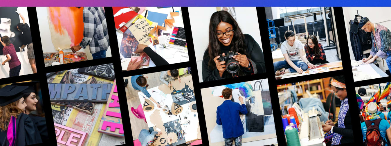 A collage of photos of students and their artworks at UAL