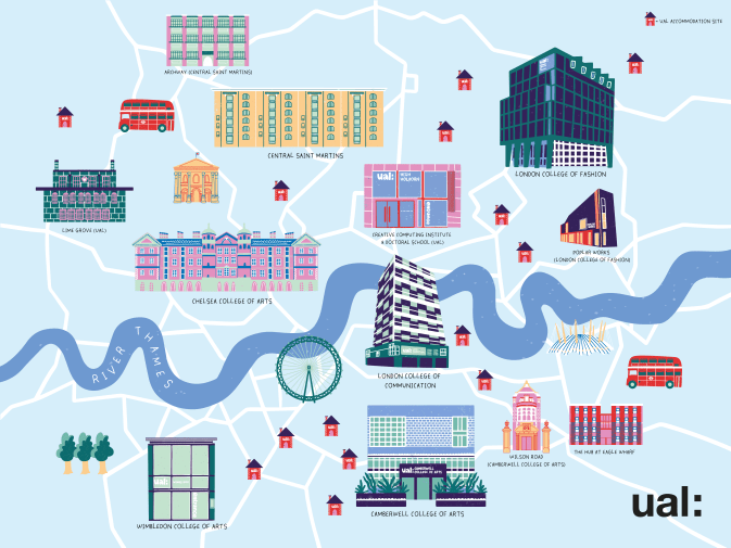 Map of London with illustrations of campus buildings showing UAL locations