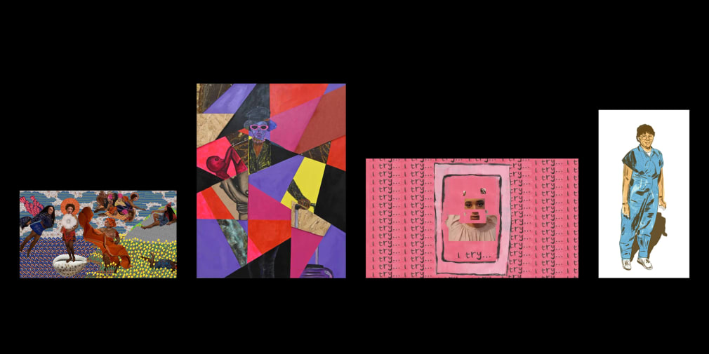 4 different artworks arranged next to each other.