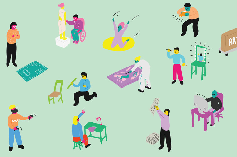 Colourful illustration of small figures engaged in creative pursuits