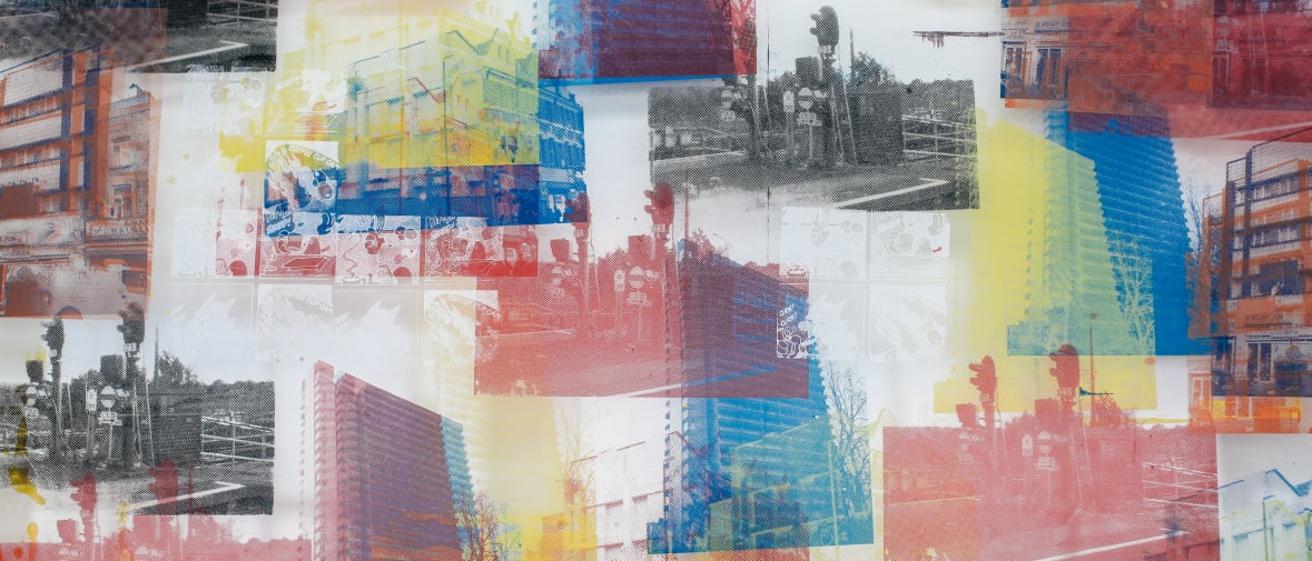 Screenprint of buildings in grey, red, yellow and blue