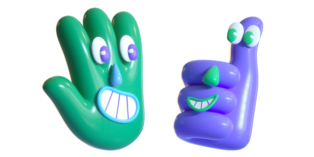 Image of green smiling hand character and purple 'Thumbs up' character.