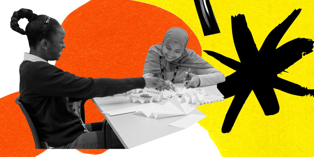 Black and white cut outs of students laughing whilst working on sketch models.