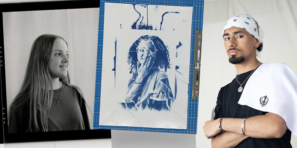 3 photographic portraits left to right- black and white head shot, cyanatype print on blue cutting board, full colour portrait in studio