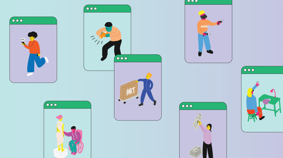 On a light blue background lots of illustrations are on pop out screens showcasing various artistic career paths