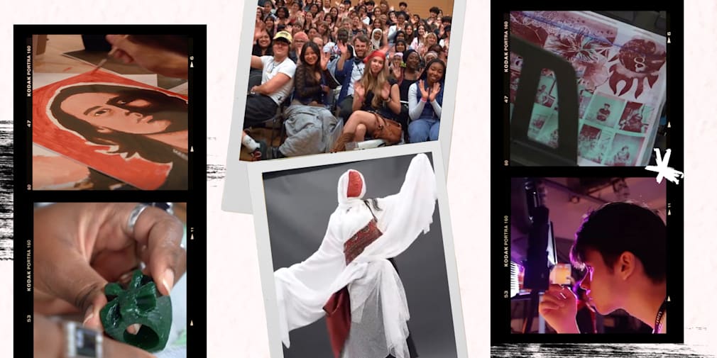 Series of images featuring student work including portrait painting, jewellery, styling photoshoot, print making and at work in the photiography studio