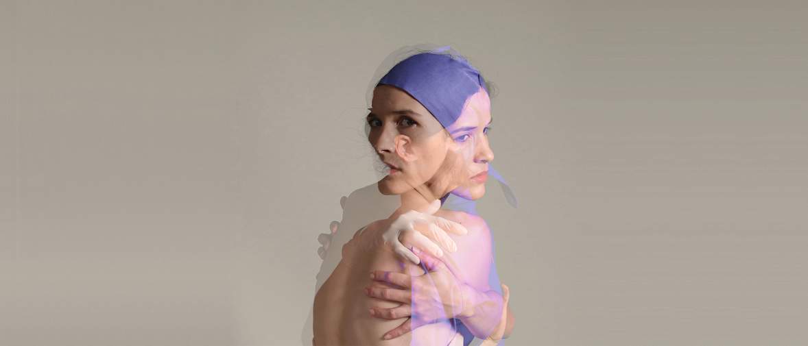 Photographs of a woman wearing purple headscarf super imposed on one another.